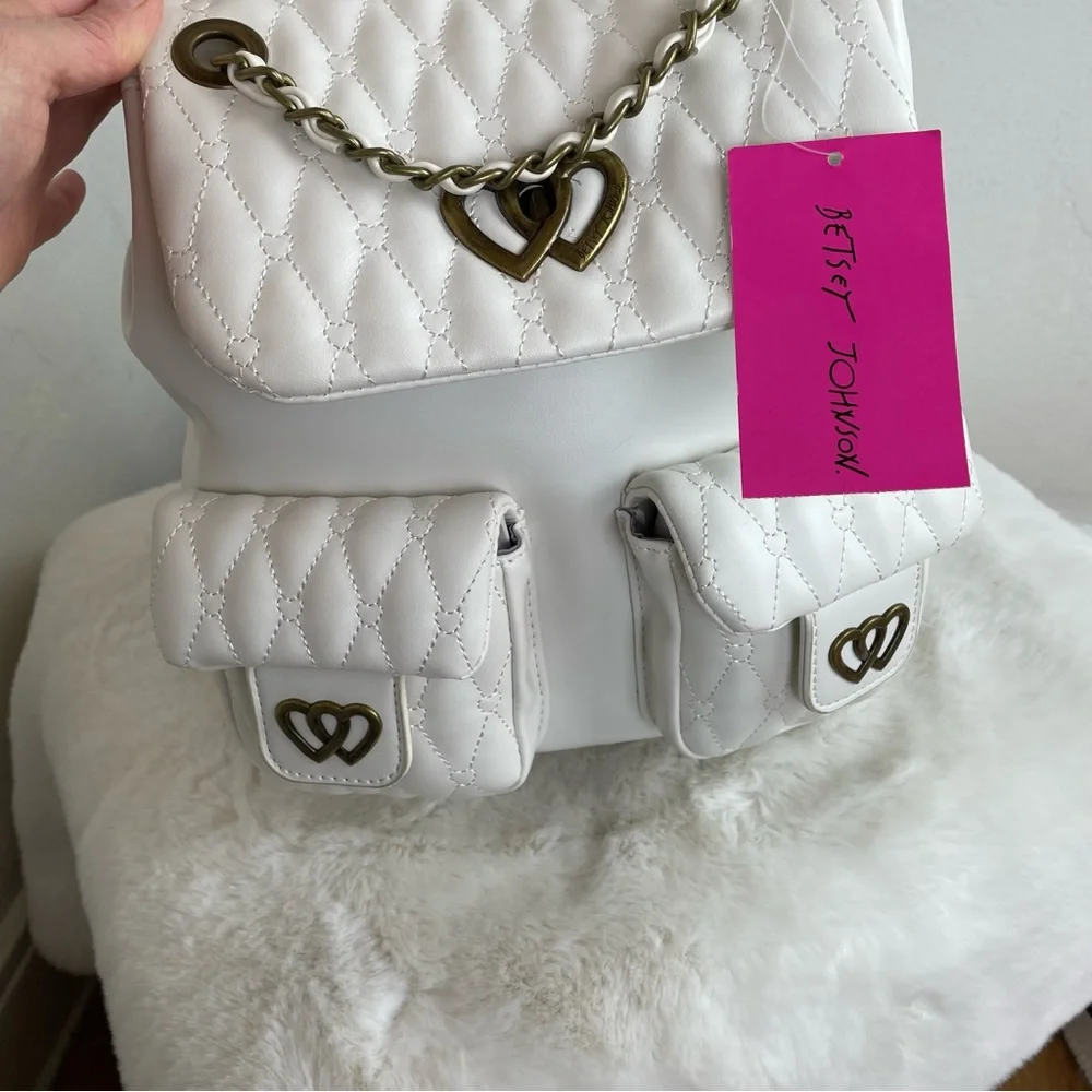 Betsey Johnson White Quilted Heart Accent Backpack